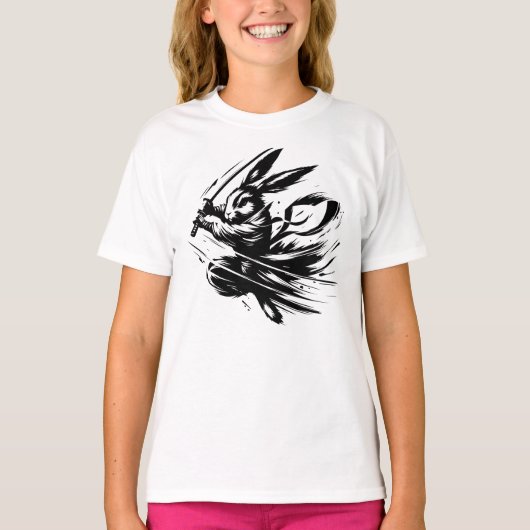 Samurai Bunny Black Ink Warrior Rabbit Tシャツ (正面)