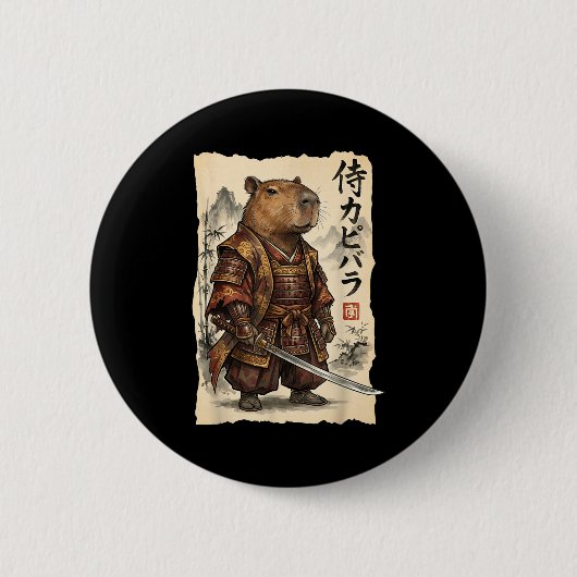 Samurai Capybara Japanese Art Vintage Graphic Funn 缶バッジ (正面)