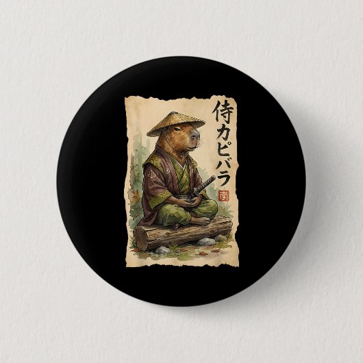 Samurai Capybara Japanese Art Vintage Graphic Funn 缶バッジ (正面)
