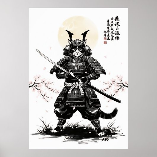 Samurai Cat Art Print with Katana Sword Japanese ポスター (正面)