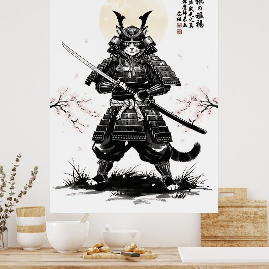 Samurai Cat Art Print with Katana Sword Japanese ポスター (キッチン)