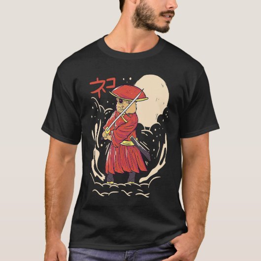 Samurai Cat Illustration  Japanese Cute Graphic Tシャツ (正面)