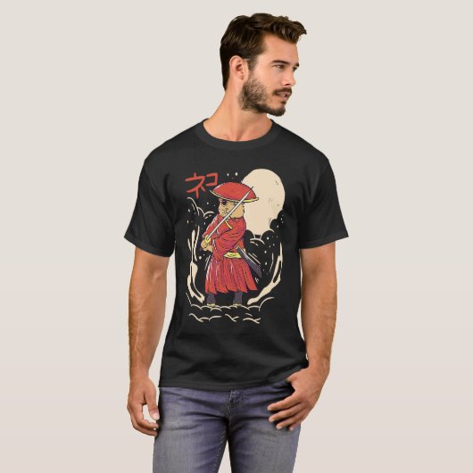 Samurai Cat Illustration  Japanese Cute Graphic Tシャツ (正面フル)