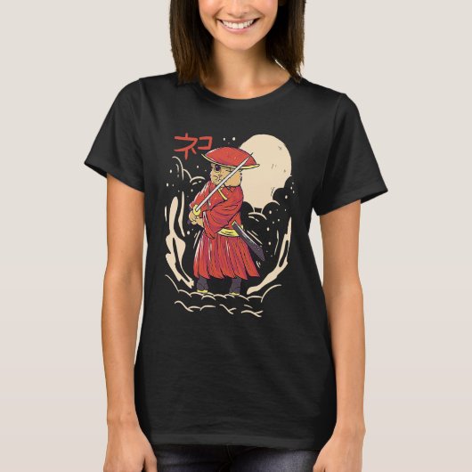 Samurai Cat Illustration  Japanese Cute Graphic Tシャツ (正面)
