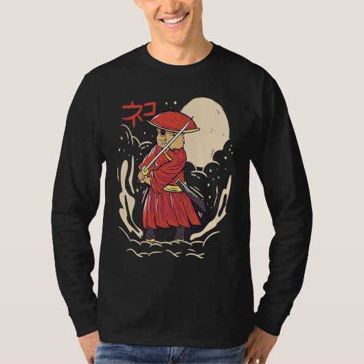 Samurai Cat Illustration  Japanese Cute Graphic Tシャツ (正面)