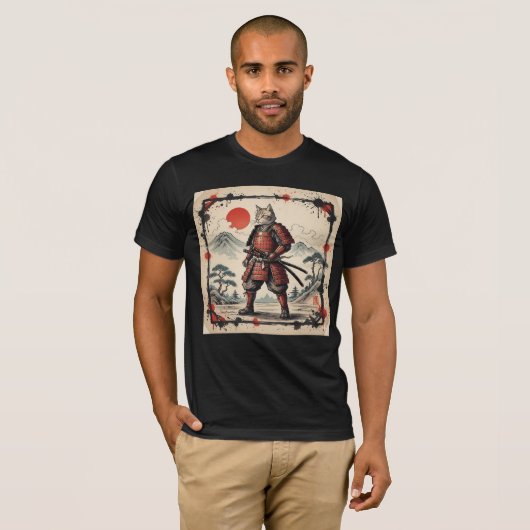 Samurai Cat Illustration T-Shirt | Japanese Sunset Tシャツ (正面フル)