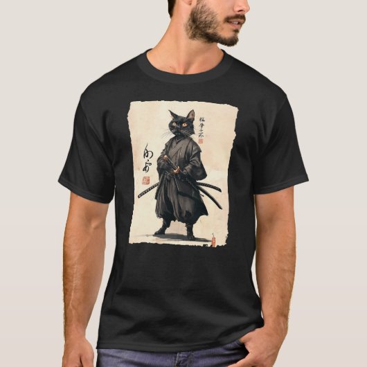 Samurai Cat Japanese Anime Cat Lover Funny For Men Tシャツ (正面)