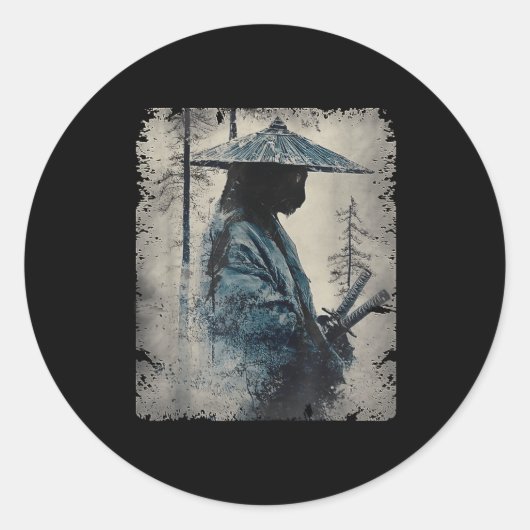 Samurai Cat Japanese Art Anime Men Women Kids Grap ラウンドシール (正面)