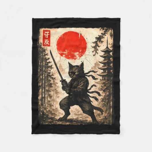 Samurai Cat Japanese Mens Boys Kids Graphic Anime  フリースブランケット (正面)