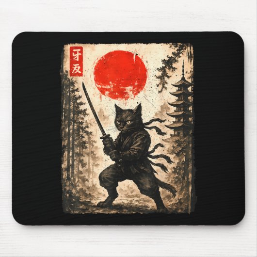 Samurai Cat Japanese Mens Boys Kids Graphic Anime  マウスパッド (正面)
