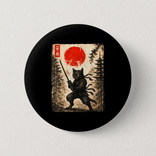 Samurai Cat Japanese Mens Boys Kids Graphic Anime 缶バッジ (正面)