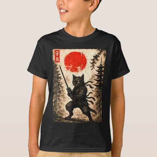 Samurai Cat Japanese Mens Boys Kids Graphic Anime Tシャツ (正面)