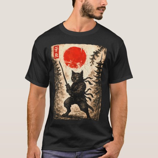 Samurai Cat Japanese Mens Boys Kids Graphic Anime  Tシャツ (正面)