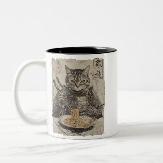 Samurai Cat Loves Ramen Funny Anime Japanese Artwo ツートーンマグカップ