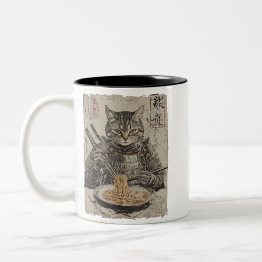 Samurai Cat Loves Ramen Funny Anime Japanese Artwo ツートーンマグカップ (左)