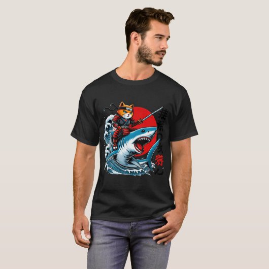 Samurai Cat Ninja Japanese Art Cat Shark Kanagawa  Tシャツ (正面フル)