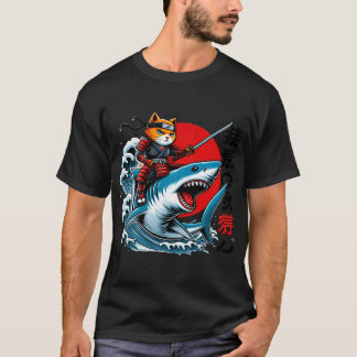 Samurai Cat Ninja Japanese Art Cat Shark Kanagawa  Tシャツ