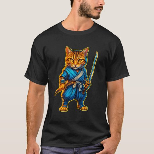 Samurai Cat – Ninja Warrior T-Shirt Tシャツ (正面)