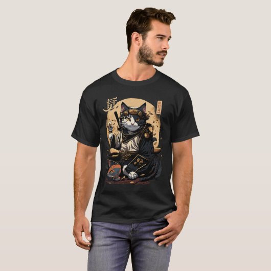 Samurai Cat Warrior Japanese Style Feline Art  Tシャツ (正面フル)