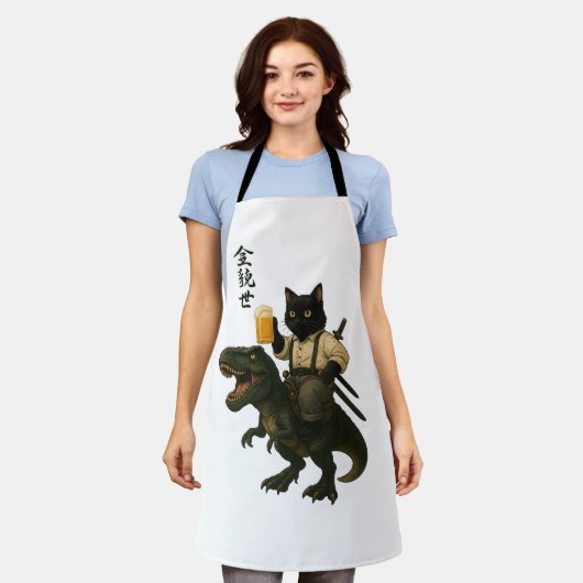 Samurai Cat with Beer & T-Rex | Retro Japanese Art エプロン (着用した状態)
