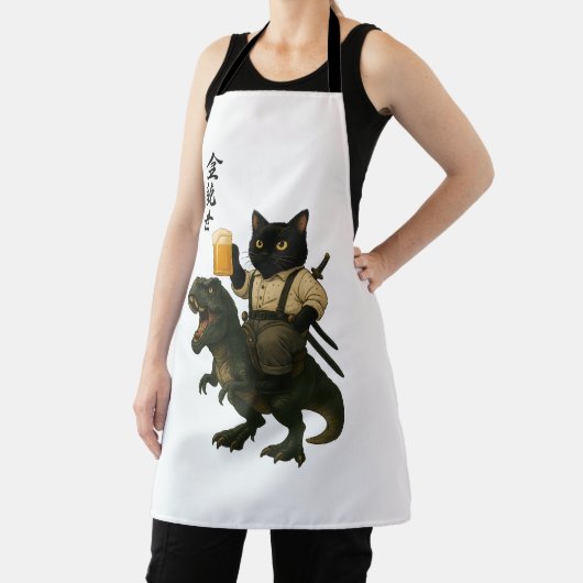 Samurai Cat with Beer & T-Rex | Retro Japanese Art エプロン (インサイチュ)