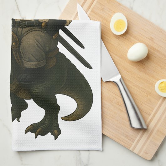 Samurai Cat with Beer & T-Rex | Retro Japanese Art キッチンタオル (四つ折り)