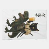 Samurai Cat with Beer & T-Rex | Retro Japanese Art キッチンタオル (横)