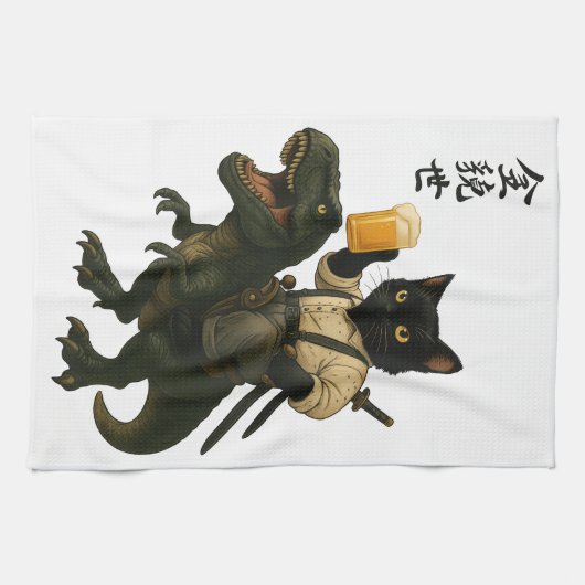 Samurai Cat with Beer & T-Rex | Retro Japanese Art キッチンタオル (横)