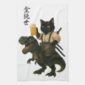 Samurai Cat with Beer & T-Rex | Retro Japanese Art キッチンタオル (縦)