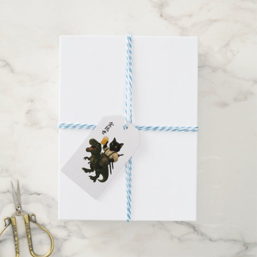 Samurai Cat with Beer & T-Rex | Retro Japanese Art ギフトタグ (より糸付き)