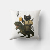 Samurai Cat with Beer & T-Rex | Retro Japanese Art クッション (裏面)