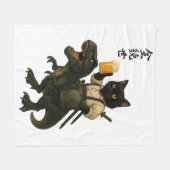 Samurai Cat with Beer & T-Rex | Retro Japanese Art フリースブランケット (正面(横))