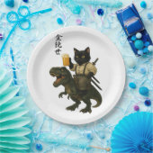 Samurai Cat with Beer & T-Rex | Retro Japanese Art ペーパープレート (パーティー)