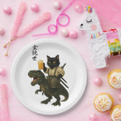 Samurai Cat with Beer & T-Rex | Retro Japanese Art ペーパープレート (パーティー)