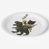 Samurai Cat with Beer & T-Rex | Retro Japanese Art ペーパープレート (アングル)