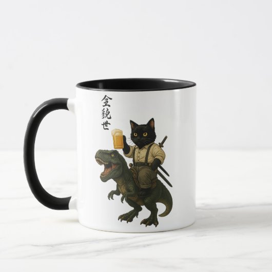 Samurai Cat with Beer & T-Rex | Retro Japanese Art マグカップ (左)