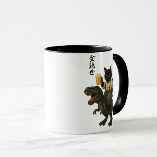 Samurai Cat with Beer & T-Rex | Retro Japanese Art マグカップ (正面右)