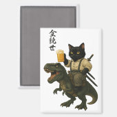 Samurai Cat with Beer & T-Rex | Retro Japanese Art マグネット (正面/裏面)