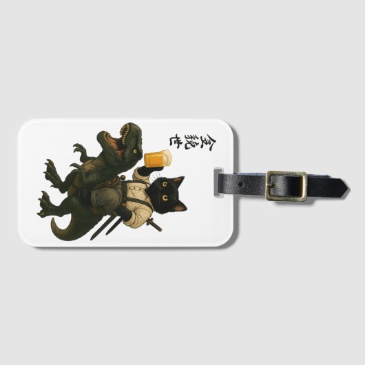 Samurai Cat with Beer & T-Rex | Retro Japanese Art ラゲッジタグ (正面横)
