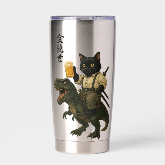 Samurai Cat with Beer & T-Rex | Retro Japanese Art 保温保冷タンブラー (正面)