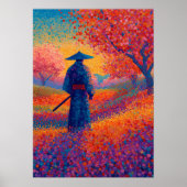 Samurai Cherry Blossom Pointillism Art ポスター (正面)