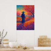 Samurai Cherry Blossom Pointillism Art ポスター (キッチン)
