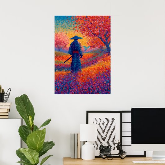 Samurai Cherry Blossom Pointillism Art ポスター (ホームオフィス)