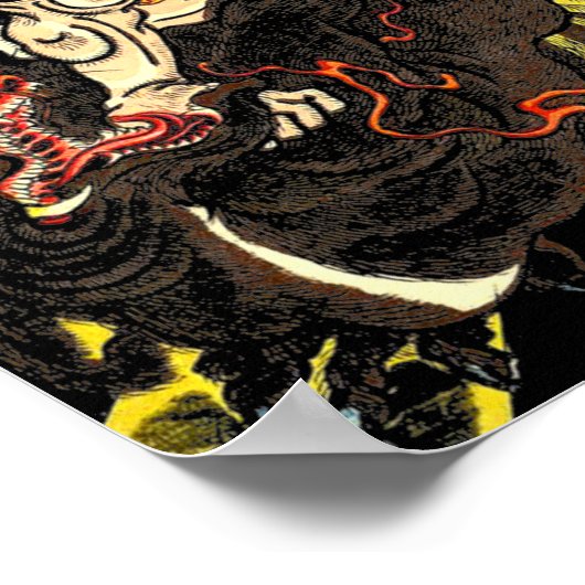 Samurai Fighting Dragon Antique Japanese Manga ポスター (角)