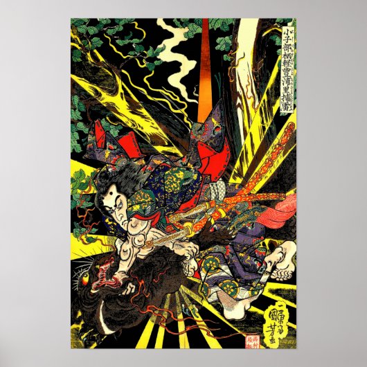 Samurai Fighting Dragon Antique Japanese Manga ポスター (正面)