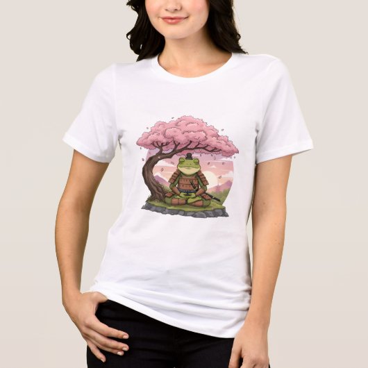 Samurai Frog Meditating Cute Funny White Womens トライブレンドＴシャツ (正面)