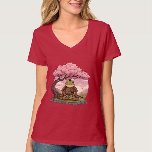 Samurai Frog Meditating Cute Funny Womens Red Tシャツ (正面)