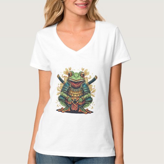 Samurai frog warrior Womens V-Neck T-Shirt Tシャツ (正面)