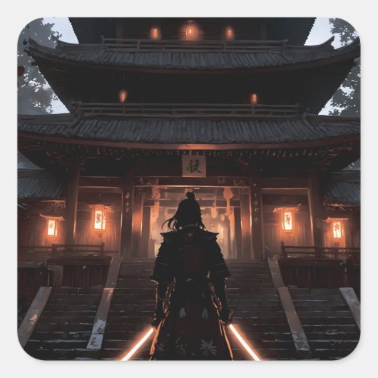 Samurai in front of a Japanese temple スクエアシール (正面)