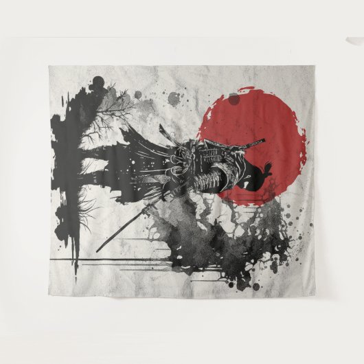 Samurai-Krieger, umgeben von Tintenspritzern. タペストリー (正面(横))